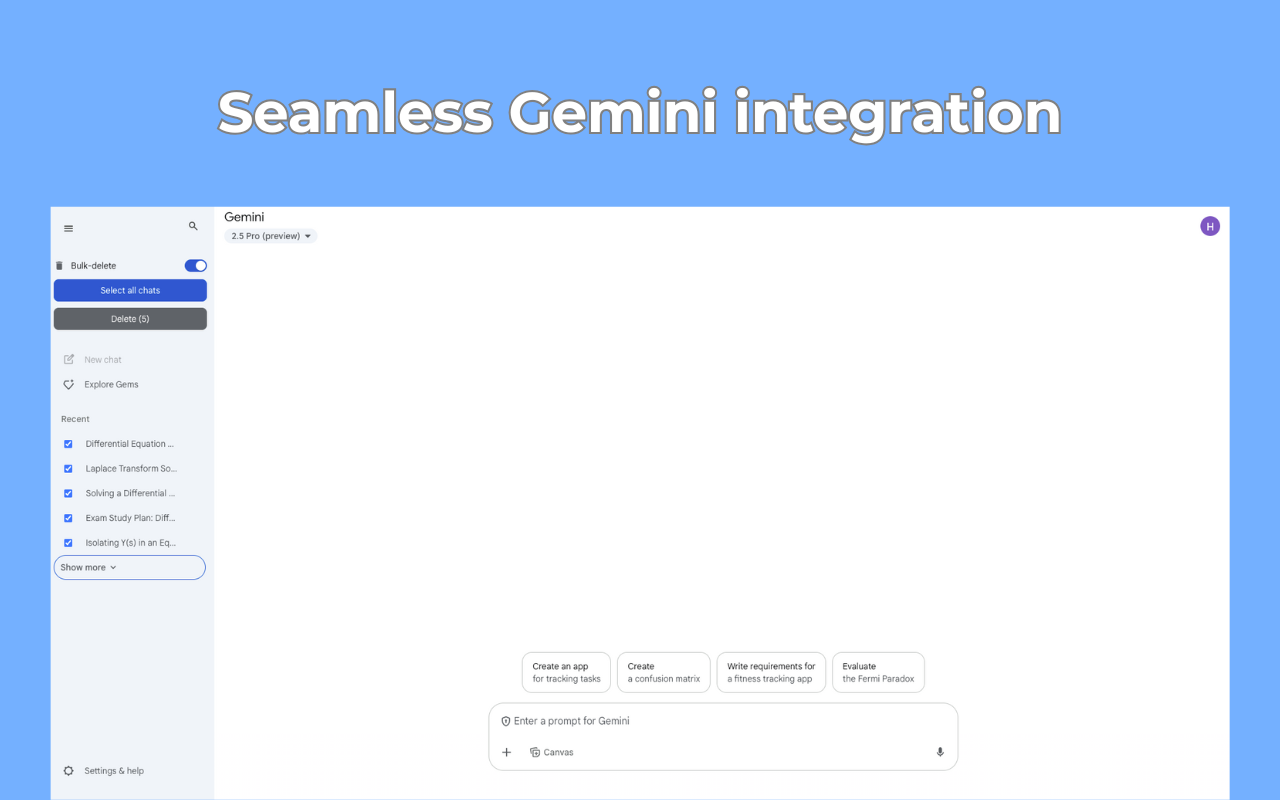 Gemini chat cleanup tool - select all option for mass delete conversations