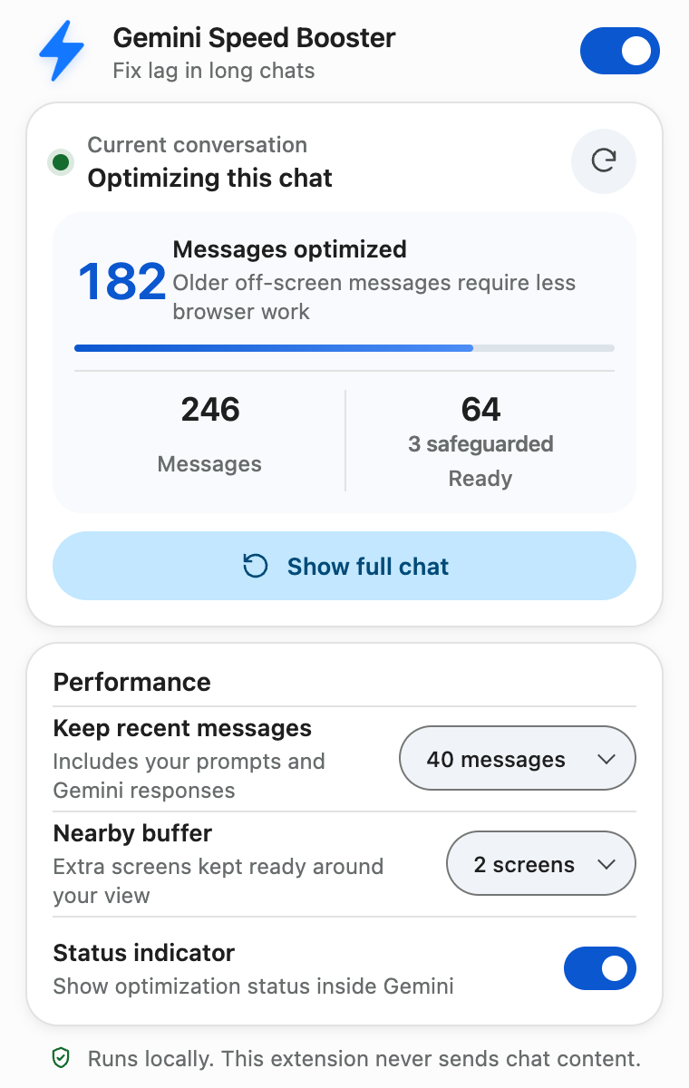 Gemini Speed Booster popup with the enable switch at the top right, an optimization status panel, and the Show full chat button below it.