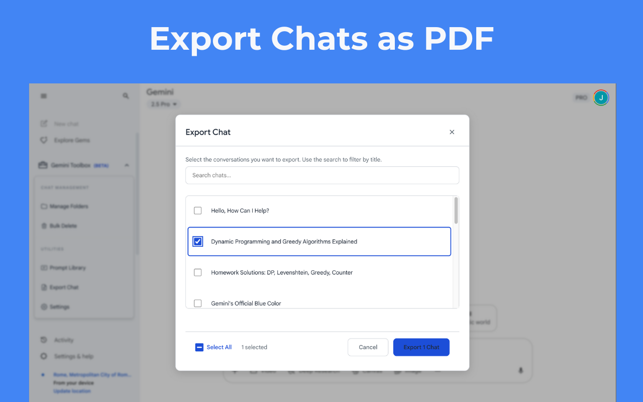 Export Gemini chat to PDF - preserve formatting, code blocks, and images in clean documents