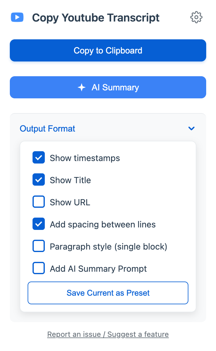 Copy YouTube Transcript output controls for timestamps, title, URL and spacing