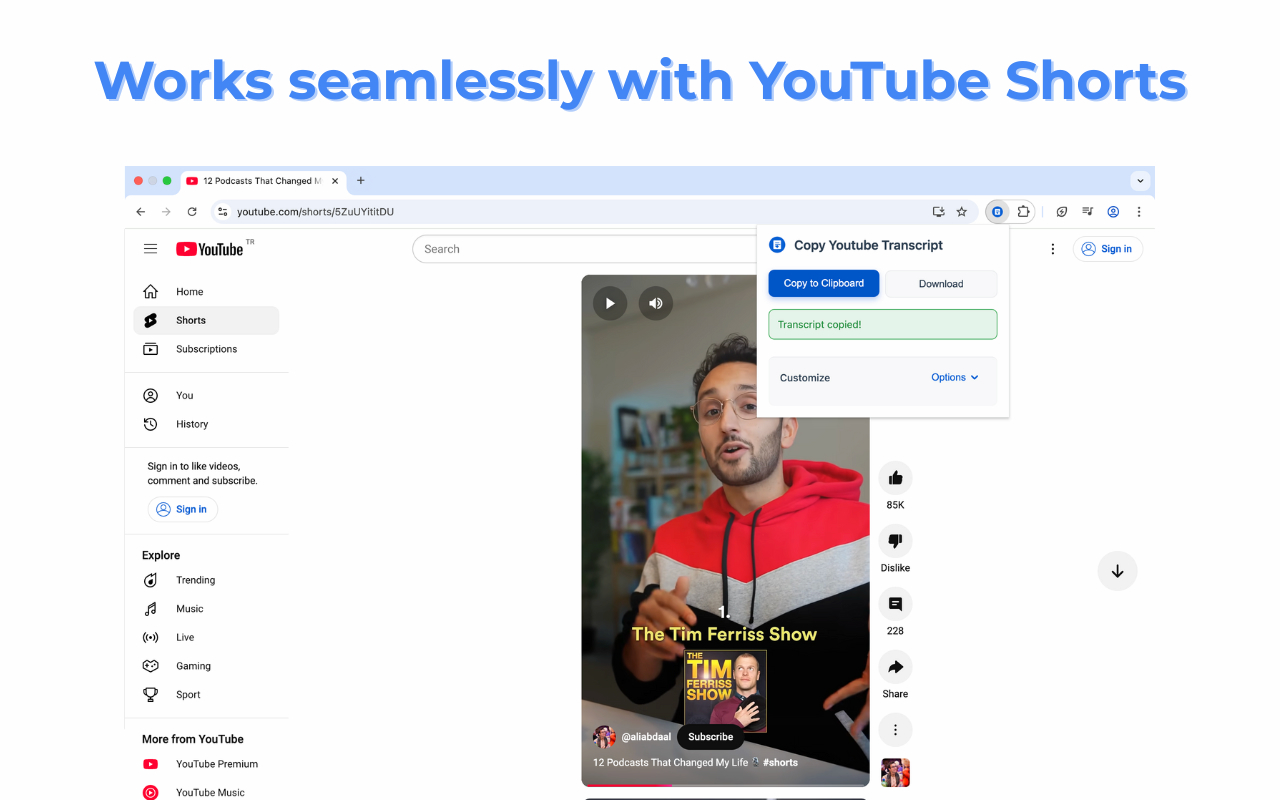 Copy YouTube Shorts transcripts instantly